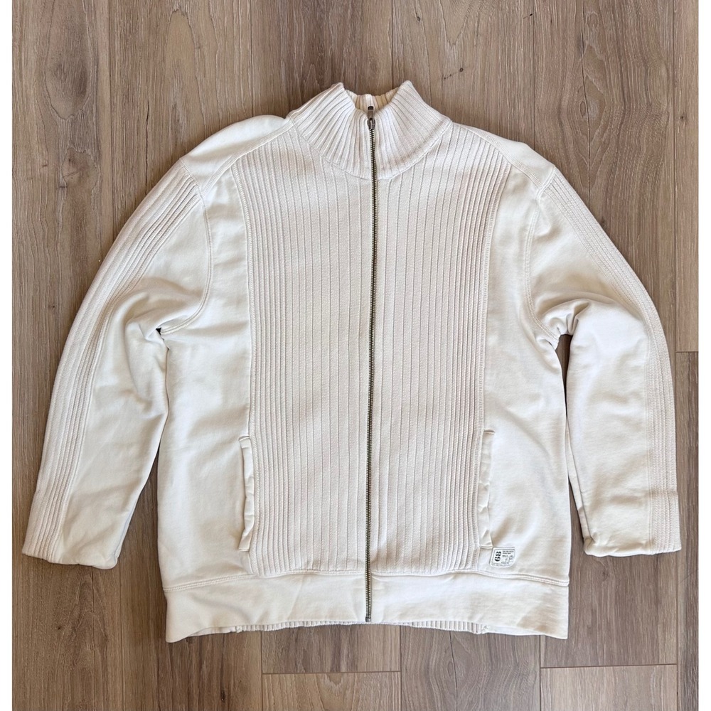 Calvin Klein Mens Full Zip Ribbed Mock Neck Cotton Sweater Cream XL Hem Patch